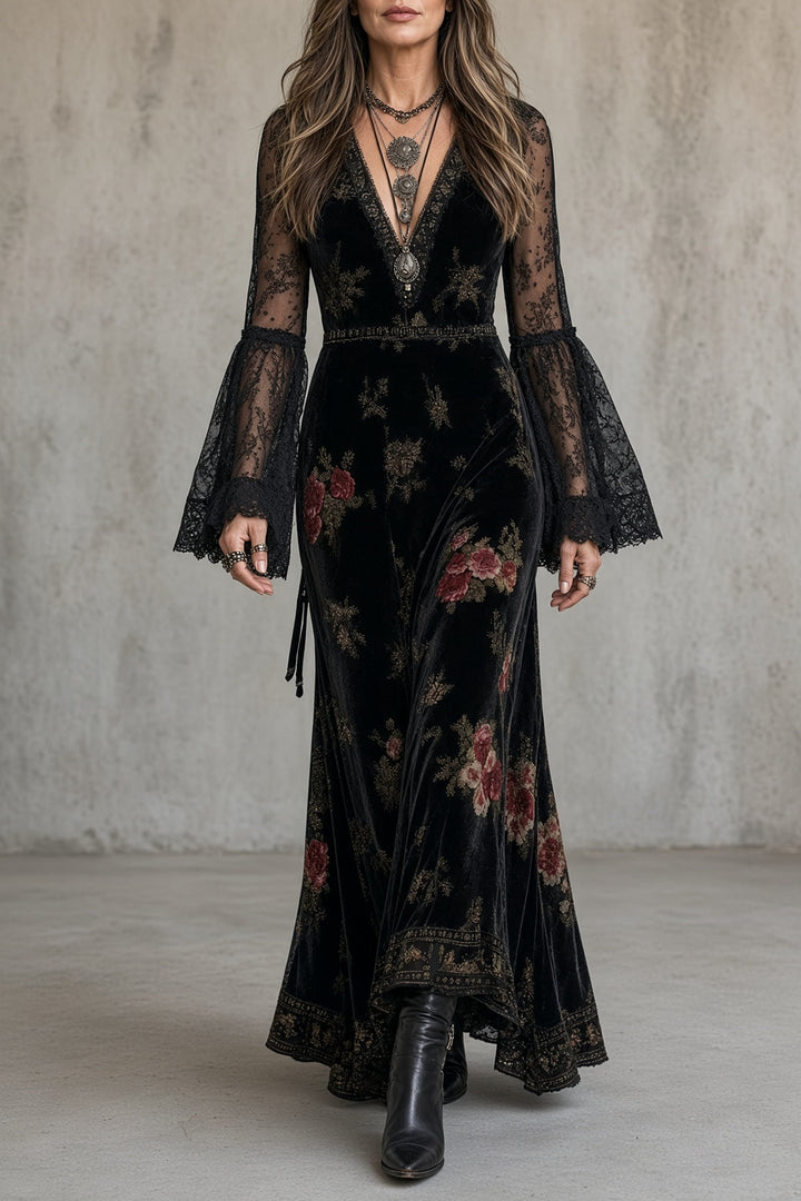 Vivienne | Women's Floral Velvet Maxi Dress with Lace Bell Sleeves