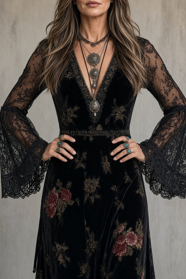 Vivienne | Women's Floral Velvet Maxi Dress with Lace Bell Sleeves