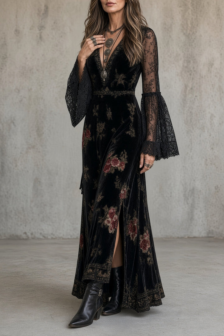 Vivienne | Women's Floral Velvet Maxi Dress with Lace Bell Sleeves