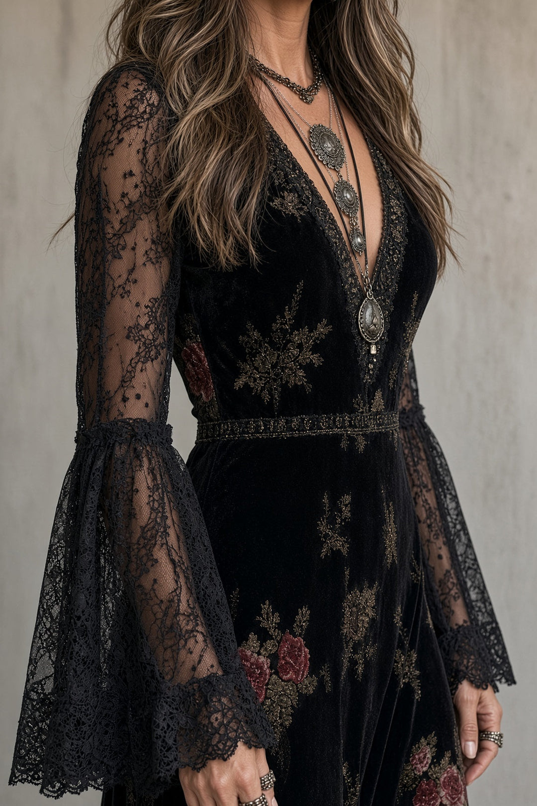 Vivienne | Women's Floral Velvet Maxi Dress with Lace Bell Sleeves