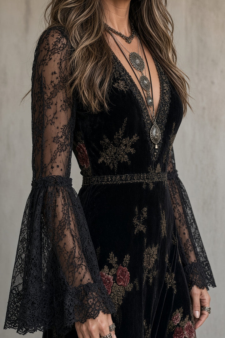 Vivienne | Women's Floral Velvet Maxi Dress with Lace Bell Sleeves