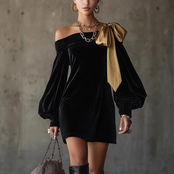 Vivienne | Women's Velvet Long Sleeve Mini Dress with Shoulder Bow