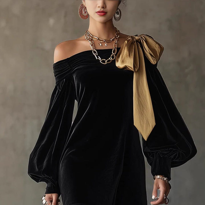 Vivienne | Women's Velvet Long Sleeve Mini Dress with Shoulder Bow