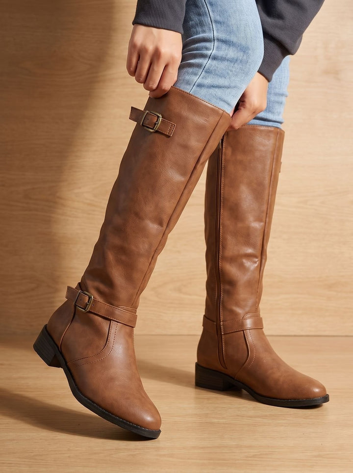 Willa | Women's Knee High Riding Boots Leather-Look with Buckles
