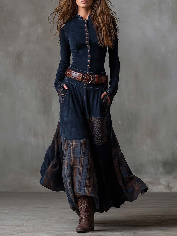 Willemijn | Maxi Jurk met Lange Mouwen Dames Herfst Ruit Suède
