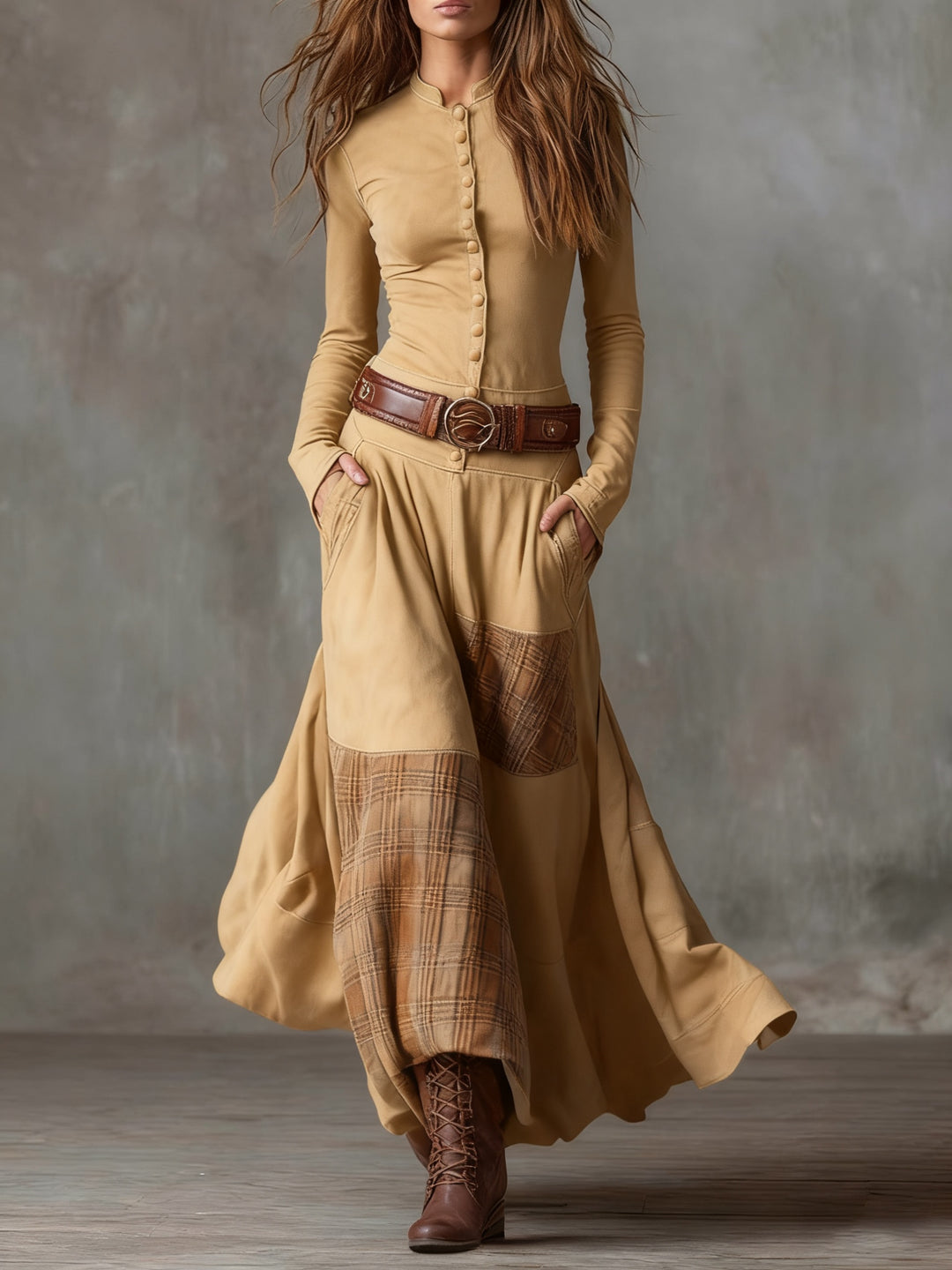 Willemijn | Maxi Jurk met Lange Mouwen Dames Herfst Ruit Suède