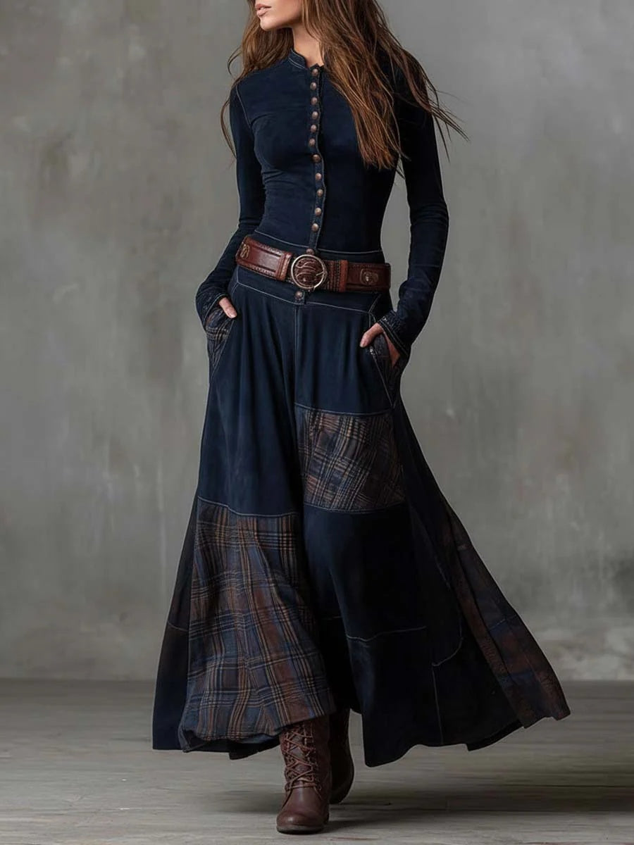 Willemijn | Maxi Jurk met Lange Mouwen Dames Herfst Ruit Suède