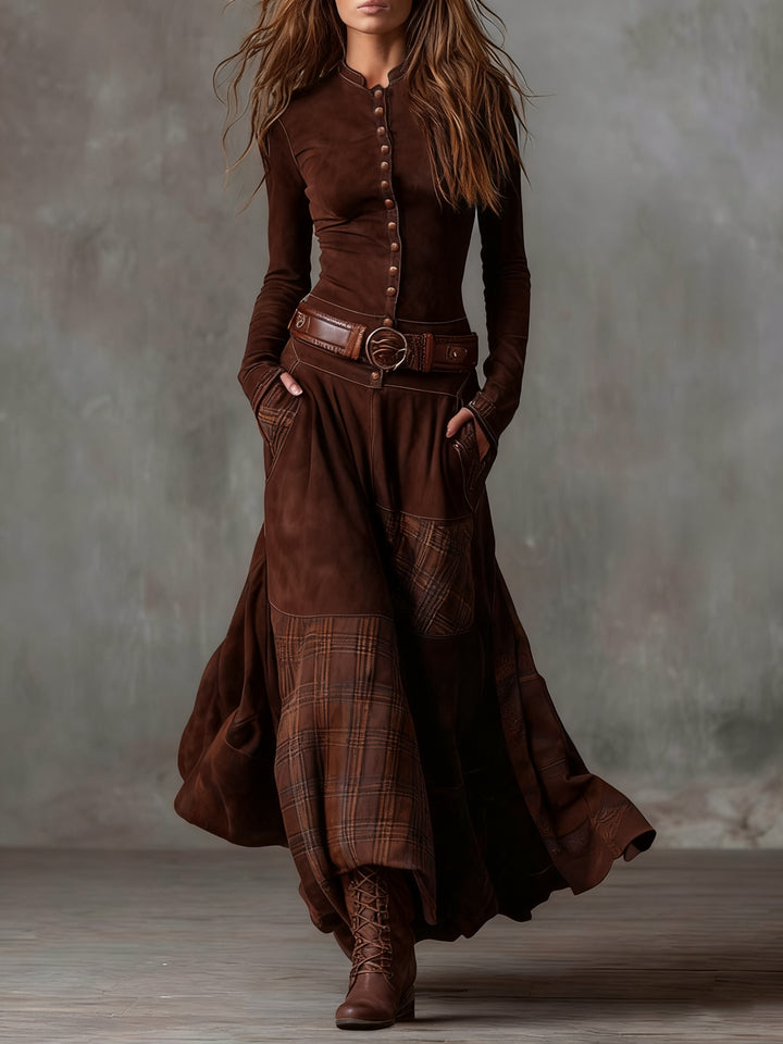 Willemijn | Maxi Jurk met Lange Mouwen Dames Herfst Ruit Suède