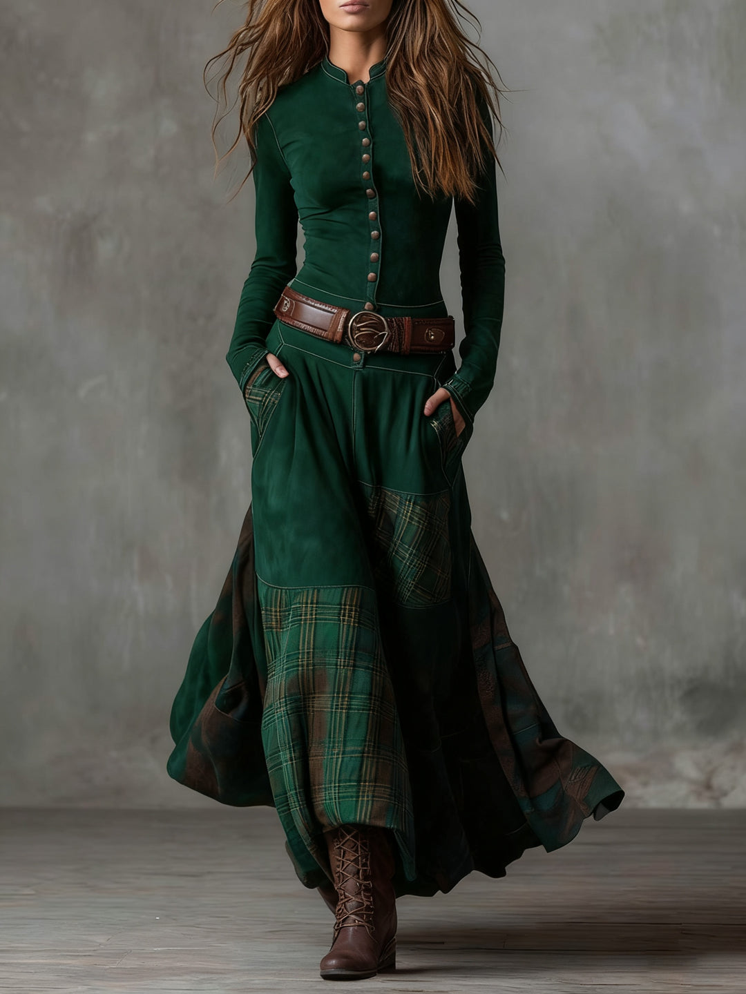 Willemijn | Maxi Jurk met Lange Mouwen Dames Herfst Ruit Suède
