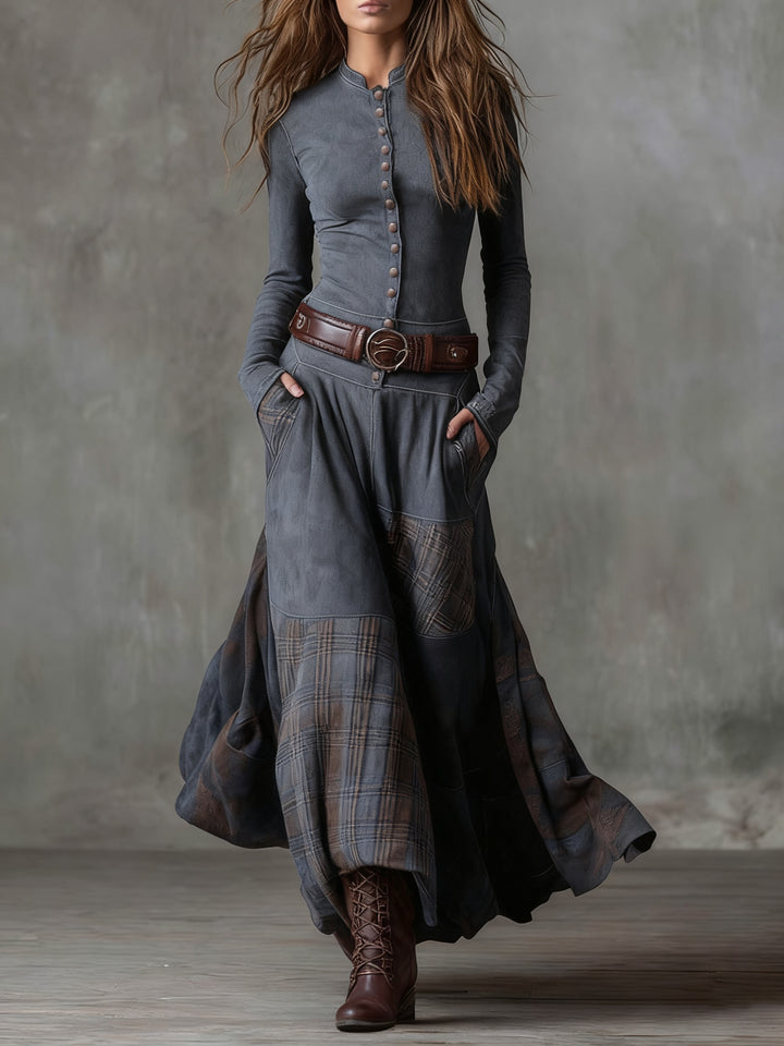 Willemijn | Maxi Jurk met Lange Mouwen Dames Herfst Ruit Suède