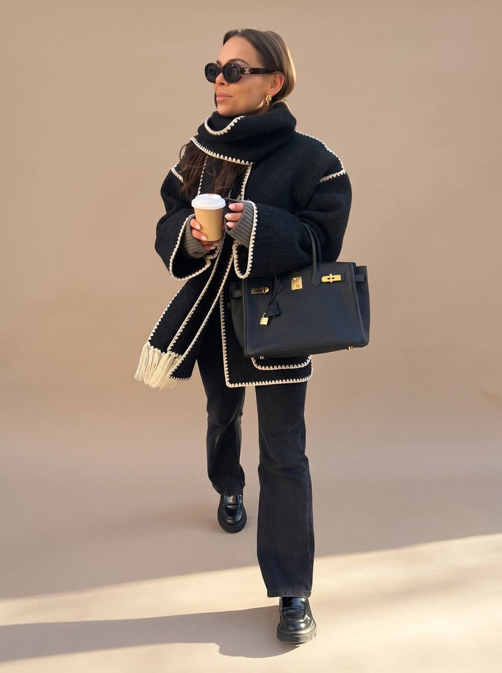 Winifred | Women's Wool Coat Jacket with Scarf and Stitched Trim