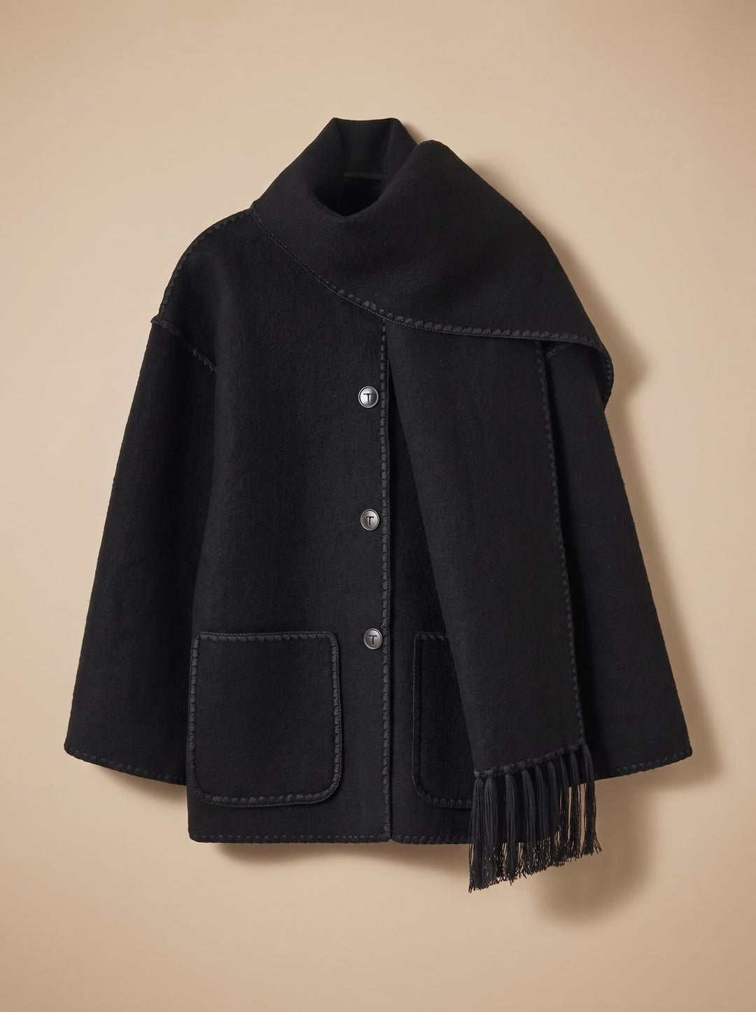 Winifred | Women's Wool Coat Jacket with Scarf and Stitched Trim