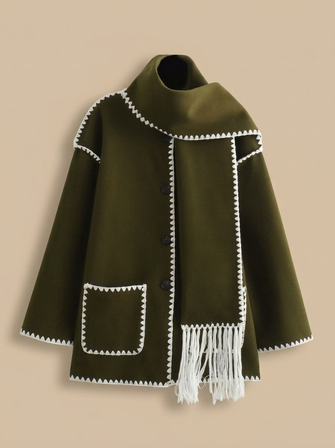 Winifred | Women's Wool Coat Jacket with Scarf and Stitched Trim