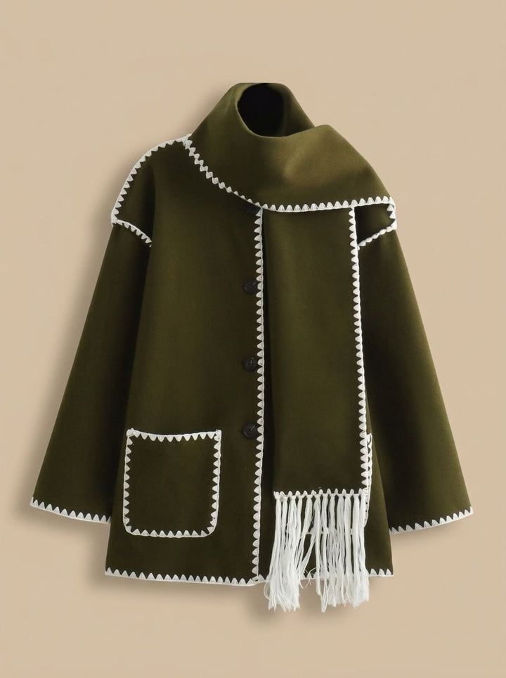 Winifred | Women's Wool Coat Jacket with Scarf and Stitched Trim
