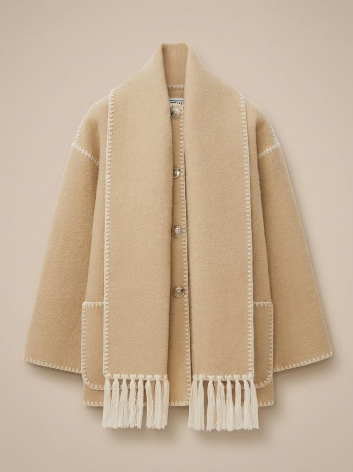 Winifred | Women's Wool Coat Jacket with Scarf and Stitched Trim