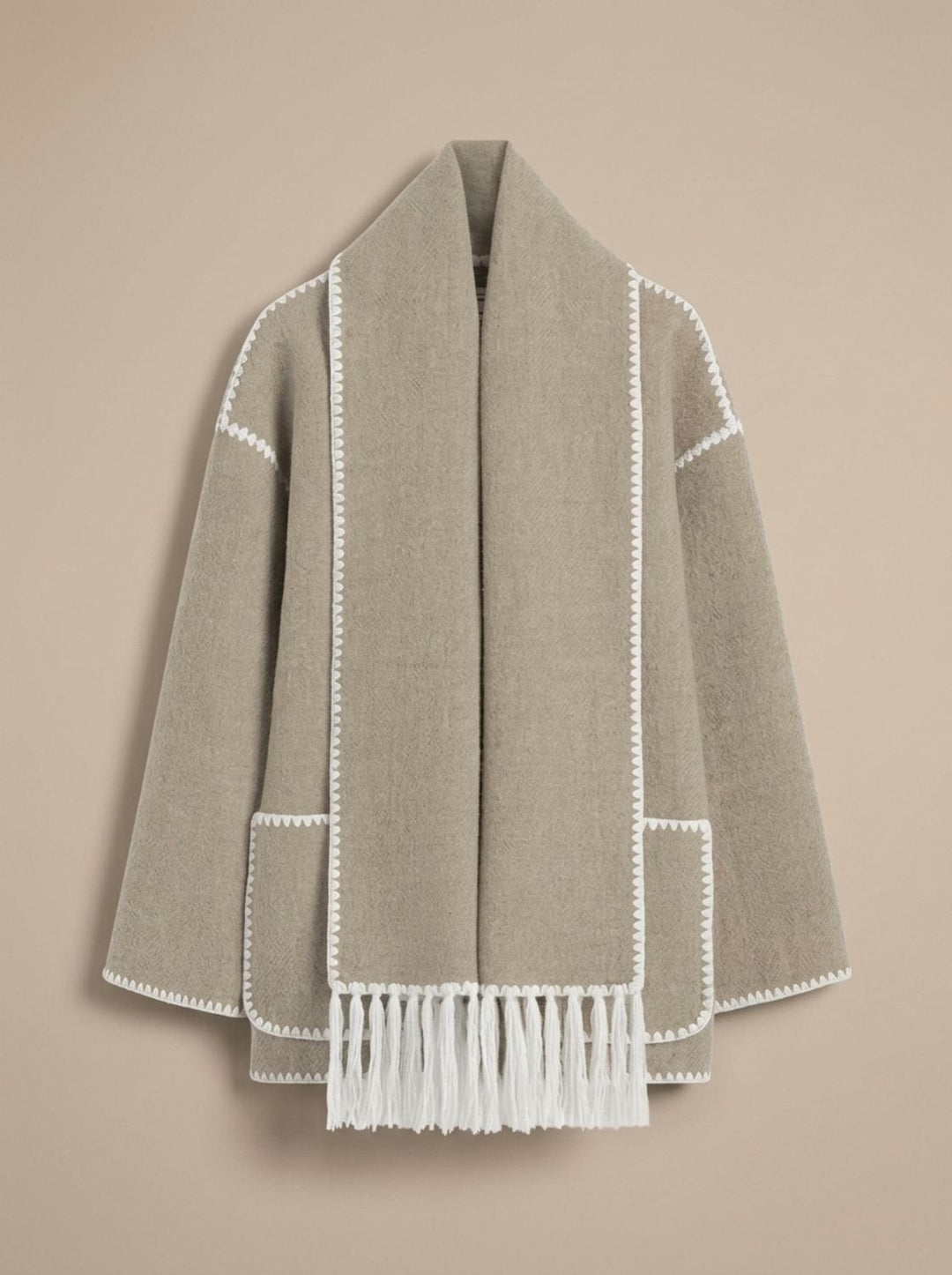 Winifred | Women's Wool Coat Jacket with Scarf and Stitched Trim