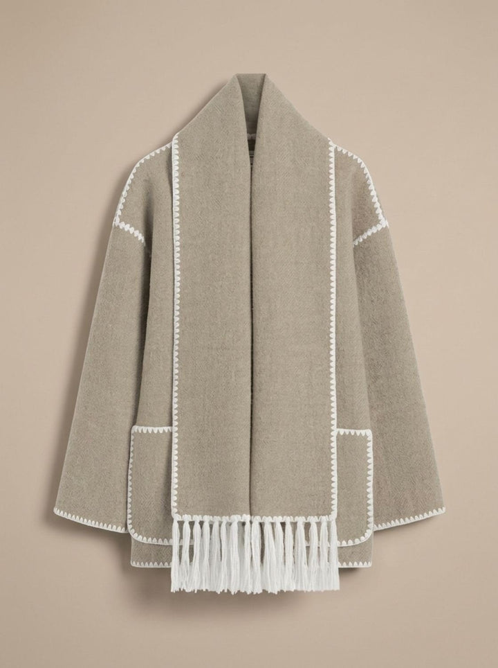 Winifred | Women's Wool Coat Jacket with Scarf and Stitched Trim