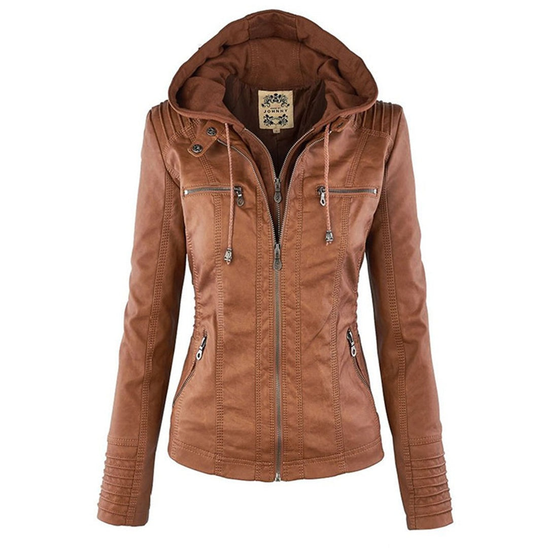 Yvonne | Zip Hoodie Dames Leren Biker Jack met Capuchon