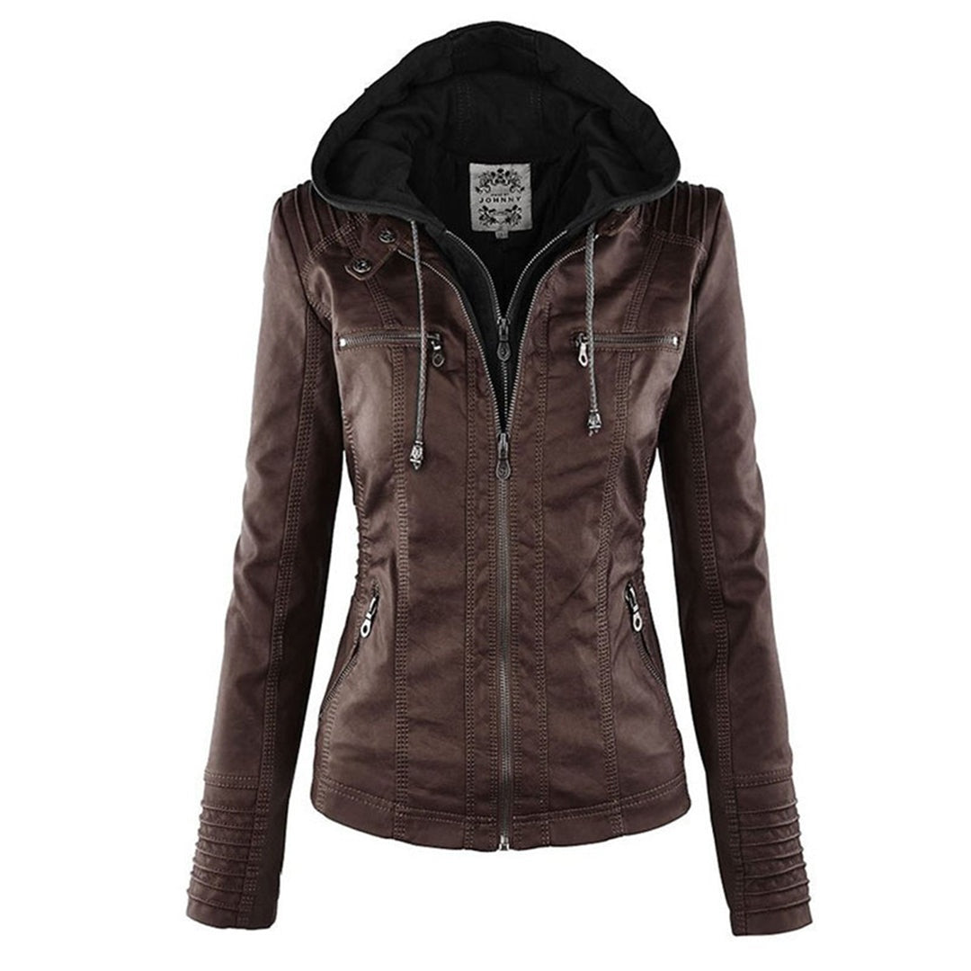 Yvonne | Zip Hoodie Dames Leren Biker Jack met Capuchon