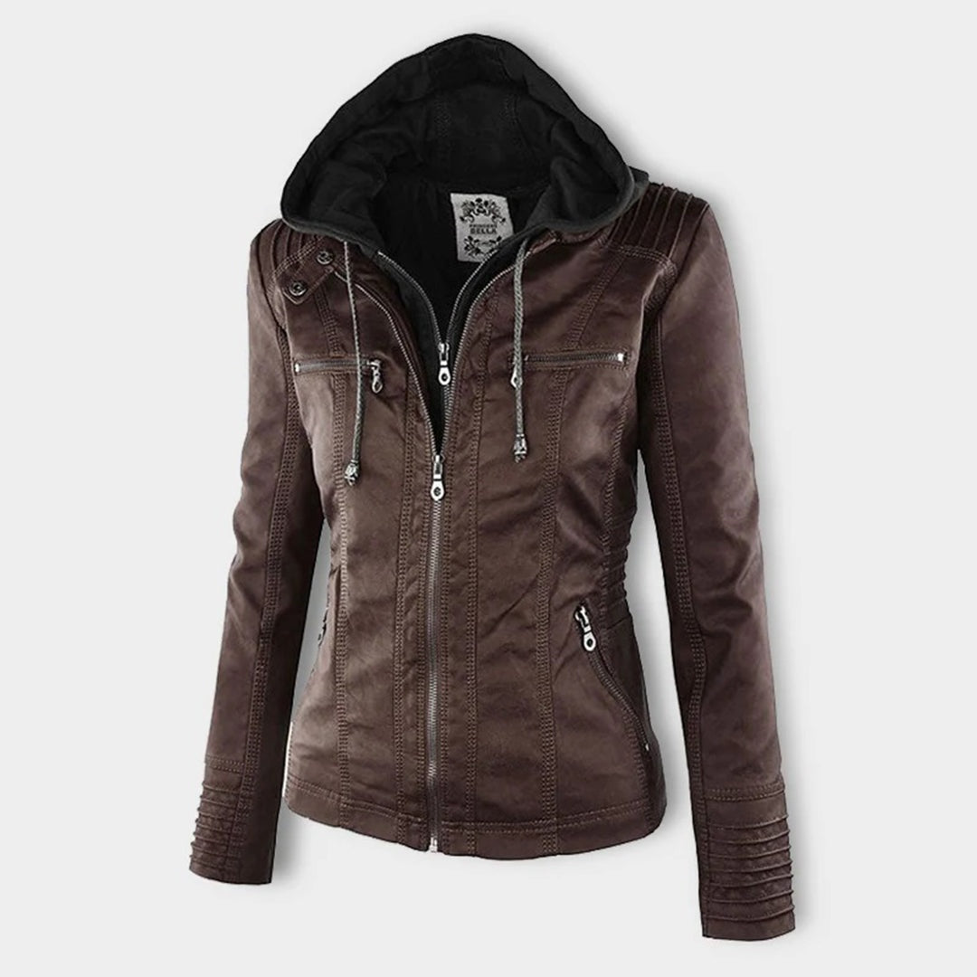 Yvonne | Zip Hoodie Dames Leren Biker Jack met Capuchon