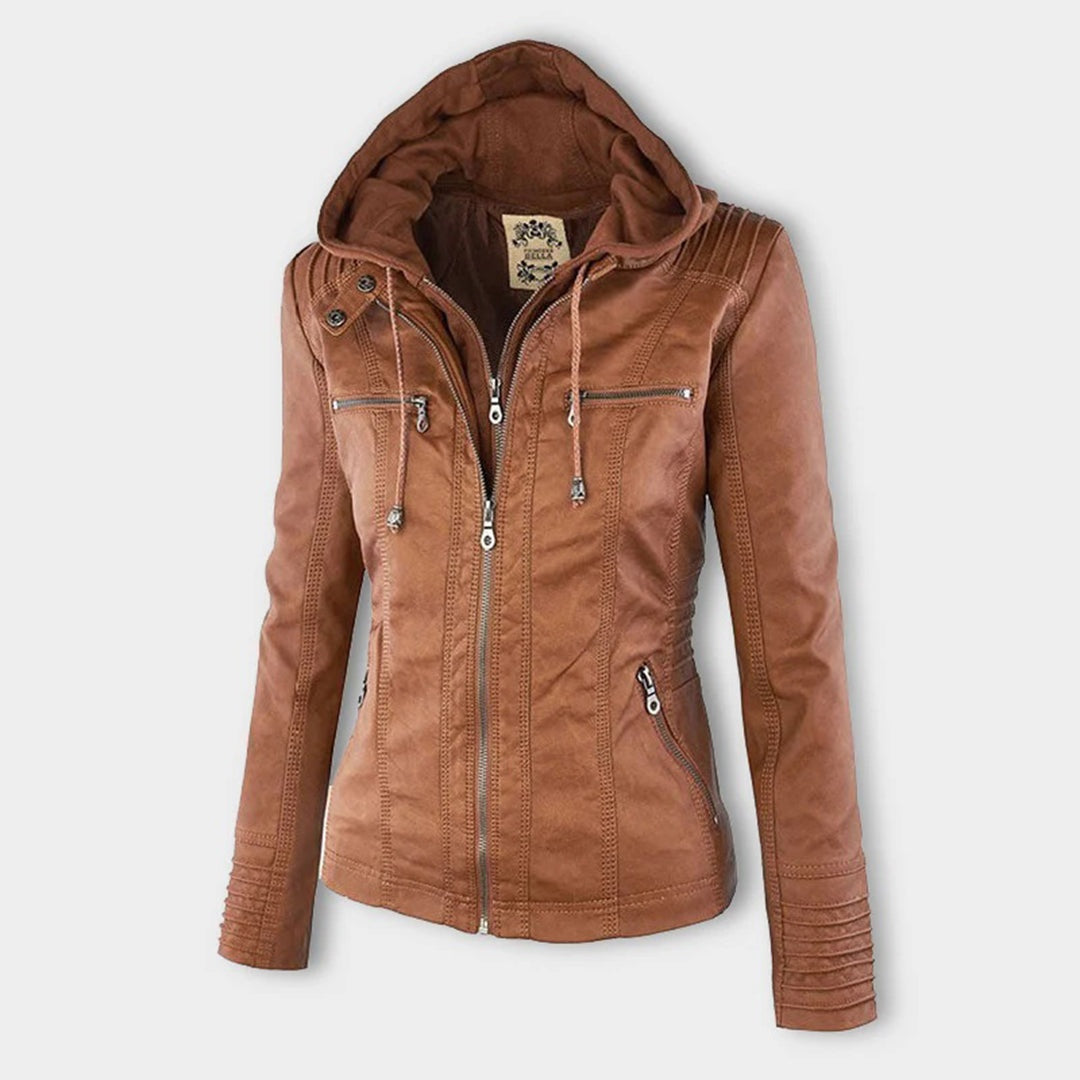 Yvonne | Zip Hoodie Dames Leren Biker Jack met Capuchon