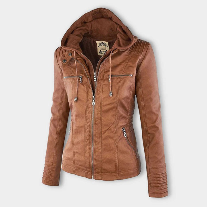 Yvonne | Zip Hoodie Dames Leren Biker Jack met Capuchon