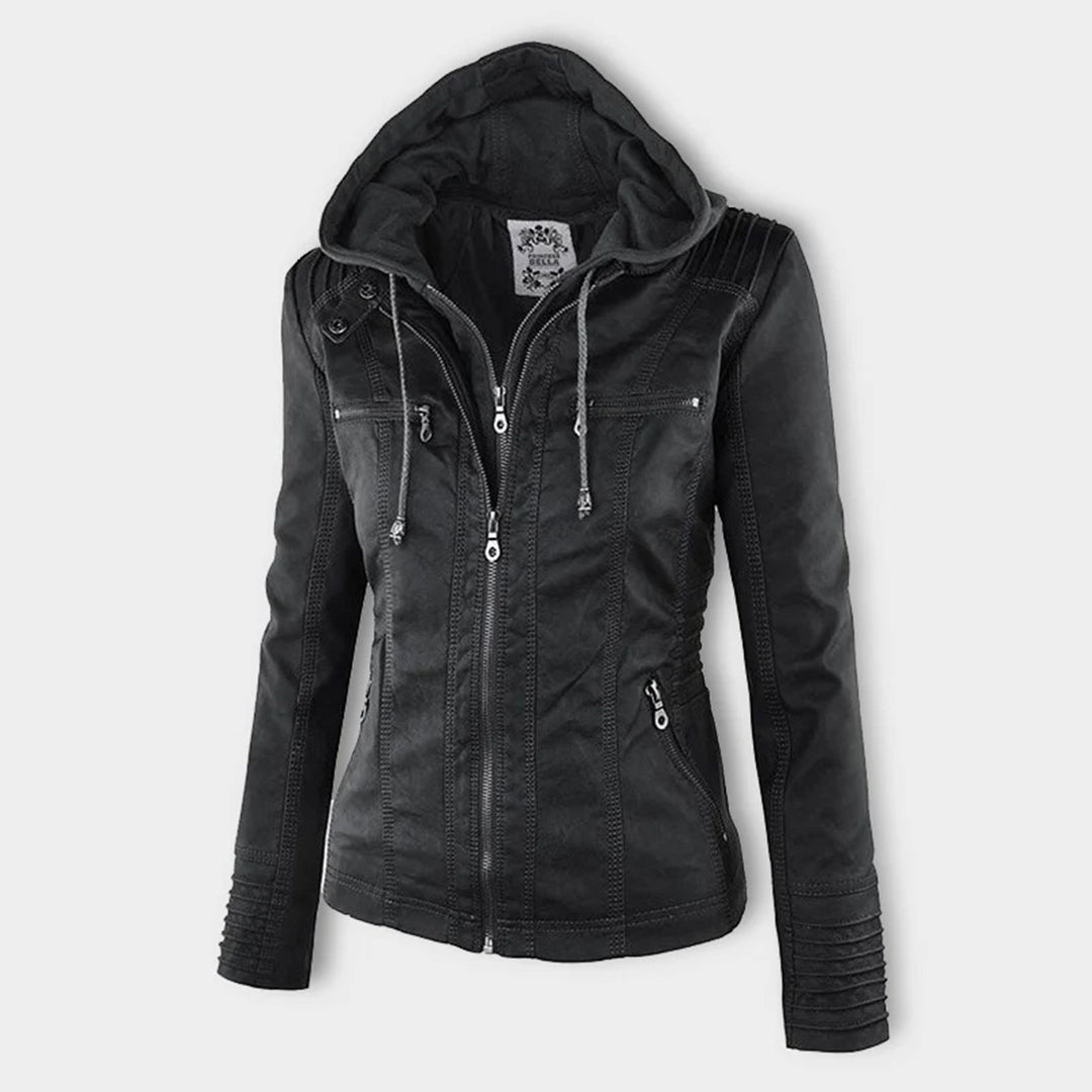 Yvonne | Zip Hoodie Dames Leren Biker Jack met Capuchon